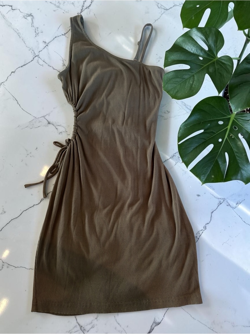 ILLA ILLA One-Shoulder Ruched Tie Cutout Dress in Olive